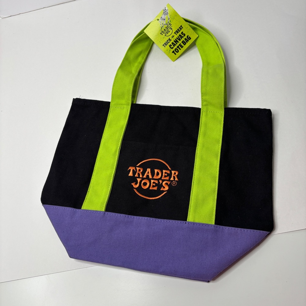 Trader Joes Trick or Treat Canvas Tote Bag Black Purple Neon Green Halloween NWT